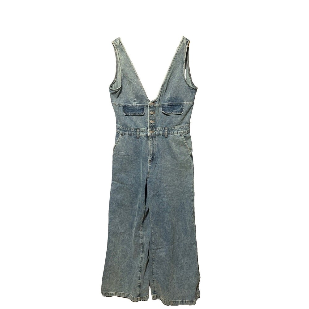 Cider Denim Wide Leg Jumpsuit V Neck Button Front Overalls XL Pockets Med -Wash